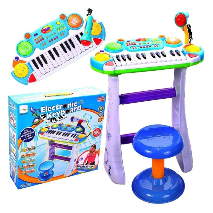 INSTRUMENT MUZICAL PIANINA ELECTRONICA MALPLAY CU SCAUN SI MICROFON 45 CM INALTIME ALBASTRU [2]
