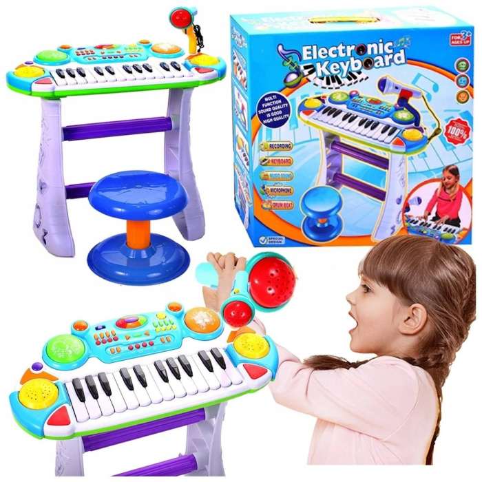 INSTRUMENT MUZICAL PIANINA ELECTRONICA MALPLAY CU SCAUN SI MICROFON 45 CM INALTIME ALBASTRU [11]