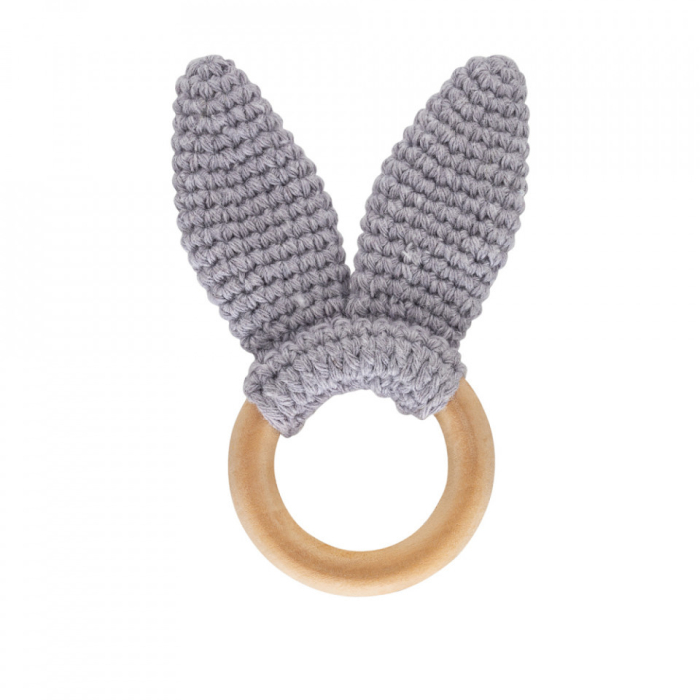 Jucarie dentitie din bumbac cu inel din lemn BabyJem Amigurumi (Culoare: Gri) [3]