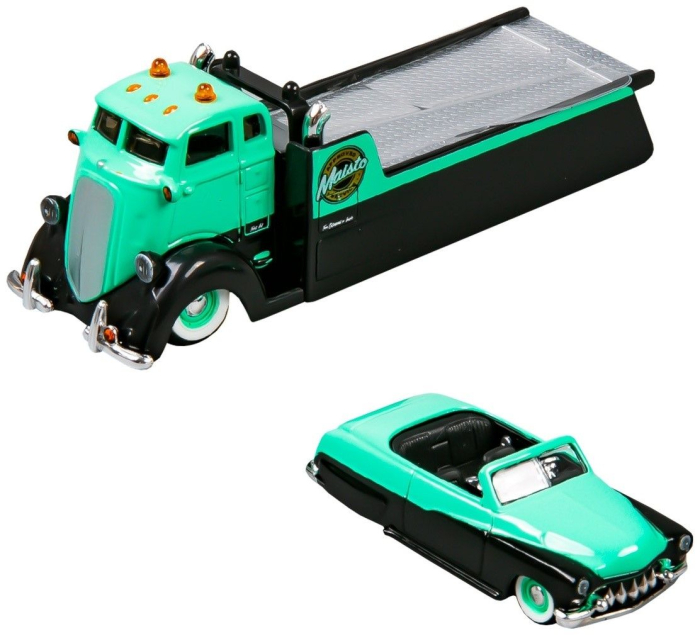 MAISTO DESIGN ELITE TRANSPORT SET CAMION CU RAMPA COE FLATBED SI MASINUTA MERCURY CUSTOM 1950 SCARA 1 LA 64 [3]