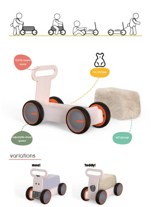 Masinuta ride-on, premergator si carucior de jucarii MamaToyz DriveMe Soft, Vacuta - Jucarie din lemn 3 in 1 [9]