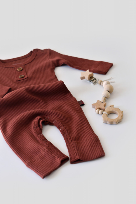 Salopeta cu maneca lunga si pantaloni lungi din bumbac organic si modal - Caramiziu BabyCosy [4]