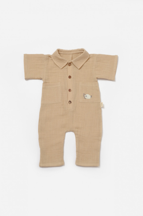 Salopeta cu maneca scurta si nasturei Sheep, 100% bumbac - Apricot, BabyCosy [2]