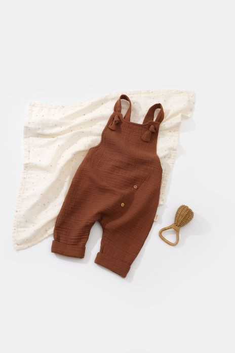 Salopeta de vara cu buzunare din muselina, BabyCosy, 100% bumbac organic, caramiziu [2]
