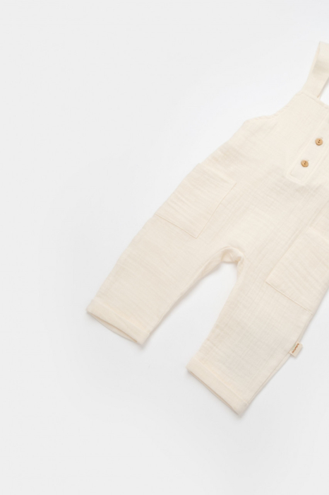 Salopeta de vara cu buzunare din muselina, BabyCosy, 100% bumbac organic, ecru [4]