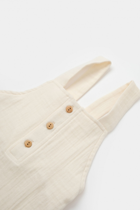 Salopeta de vara cu buzunare din muselina, BabyCosy, 100% bumbac organic, ecru [6]