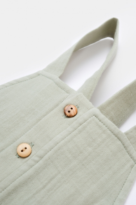 Salopeta de vara cu buzunare din muselina, BabyCosy, 100% bumbac organic, verde [6]