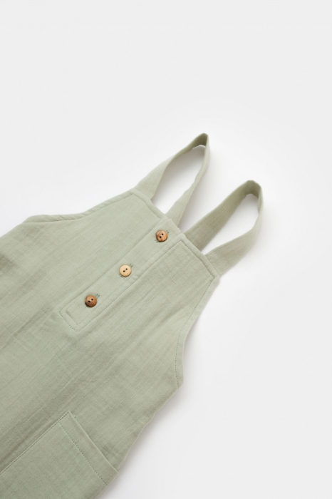 Salopeta de vara cu buzunare din muselina, BabyCosy, 100% bumbac organic, verde [5]