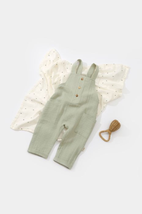 Salopeta de vara cu buzunare din muselina, BabyCosy, 100% bumbac organic, verde [2]