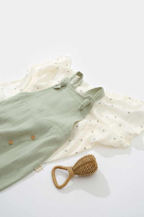 Salopeta de vara cu pantaloni lungi din muselina, BabyCosy, 100% bumbac organic, verde [4]