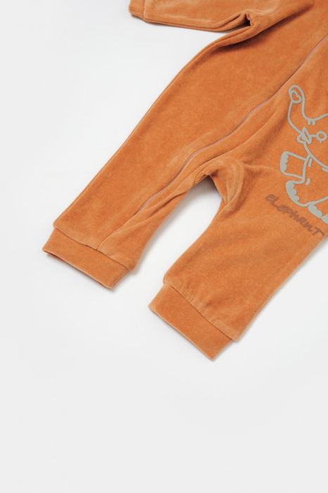 Salopeta Elefant cu maneca lunga si gluga din 80%bumbac organic si 20% poliester - Caramiziu, BabyCosy [5]