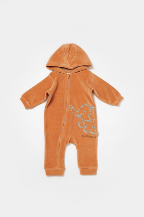 Salopeta Elefant cu maneca lunga si gluga din 80%bumbac organic si 20% poliester - Caramiziu, BabyCosy [2]