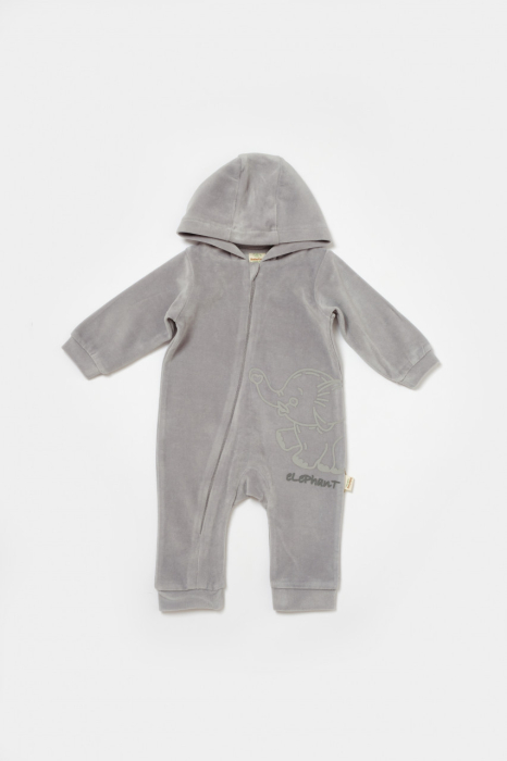 Salopeta Elefant cu maneca lunga si gluga din 80%bumbac organic si 20% poliester - Gri, BabyCosy [2]