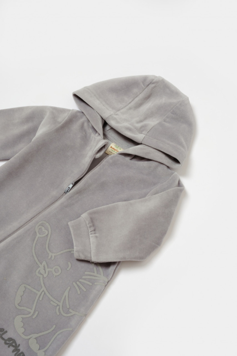 Salopeta Elefant cu maneca lunga si gluga din 80%bumbac organic si 20% poliester - Gri, BabyCosy [4]