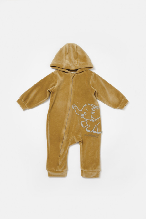 Salopeta Elefant cu maneca lunga si gluga din 80%bumbac organic si 20% poliester - Mustar, BabyCosy [2]