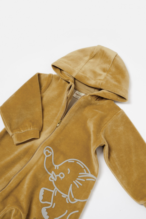 Salopeta Elefant cu maneca lunga si gluga din 80%bumbac organic si 20% poliester - Mustar, BabyCosy [4]