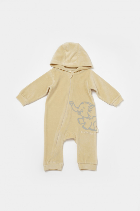 Salopeta Elefant cu maneca lunga si gluga din 80%bumbac organic si 20% poliester - Stone, BabyCosy [2]