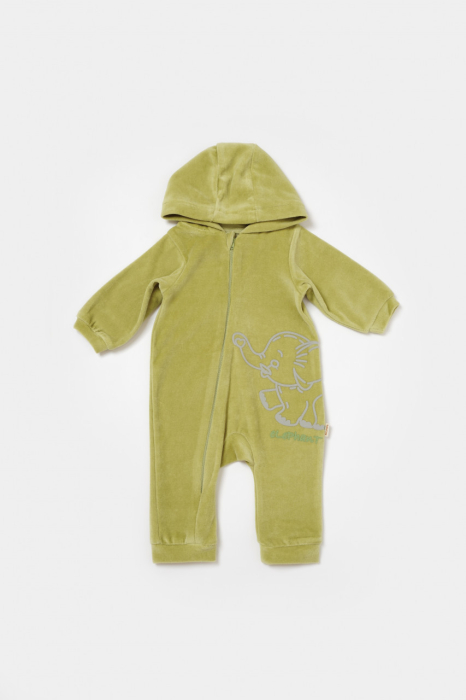 Salopeta Elefant cu maneca lunga si gluga din 80%bumbac organic si 20% poliester - Verde, BabyCosy [2]