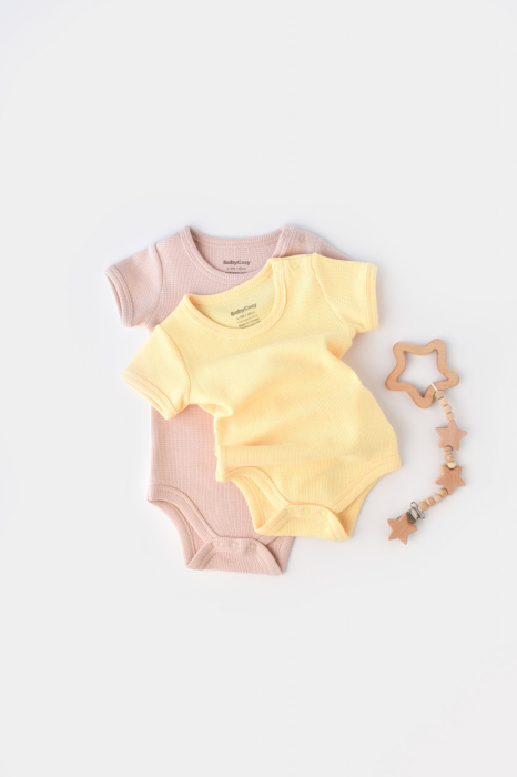 Set 2 body-uri bebe unisex -100% bumbac organic - Galben/Roz, BabyCosy [2]