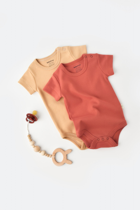 Set 2 body-uri bebe unisex -100% bumbac organic - Mustar/ Scortisoara, BabyCosy [2]
