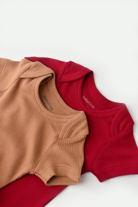 Set 2 body-uri bebe unisex din bumbac organic si modal - Maro/Rosu, BabyCosy [9]