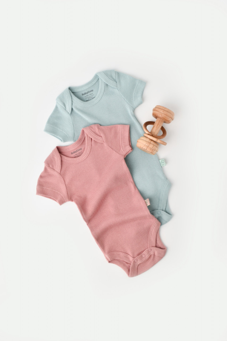 Set 2 body-uri bebe unisex din bumbac organic si modal - Mint/Rose, BabyCosy [2]