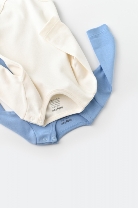 Set 2 body-uri cu maneca lunga bebe unisex -100% bumbac organic - Ecru/Bleu, BabyCosy [2]