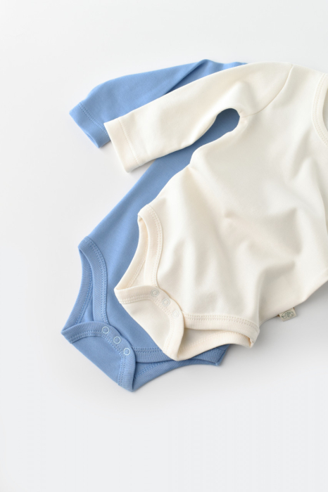 Set 2 body-uri cu maneca lunga bebe unisex -100% bumbac organic - Ecru/Bleu, BabyCosy [5]