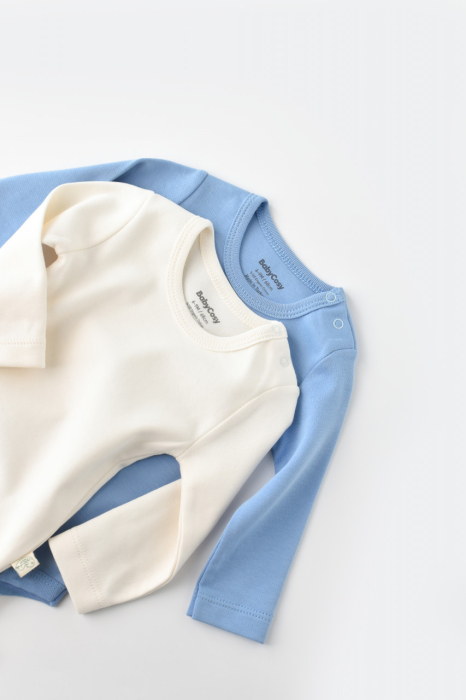 Set 2 body-uri cu maneca lunga bebe unisex -100% bumbac organic - Ecru/Bleu, BabyCosy [3]