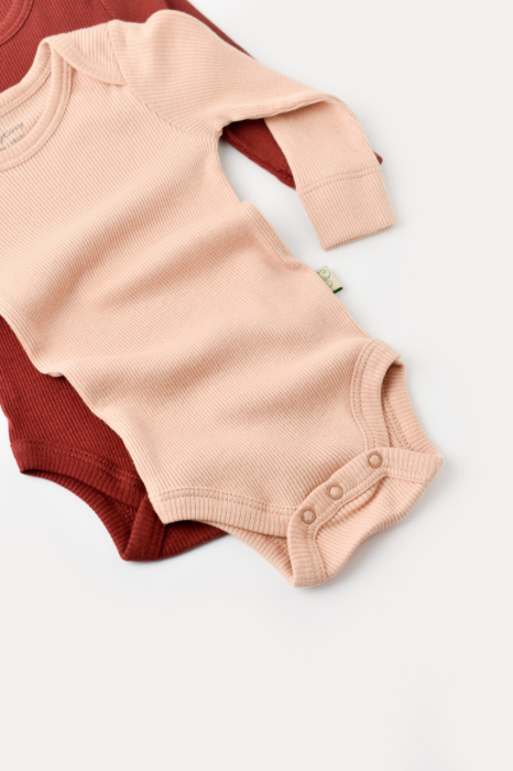 Set 2 body-uri cu maneca lunga bebe unisex din bumbac organic si modal - Caramiziu/Somon, BabyCosy [5]