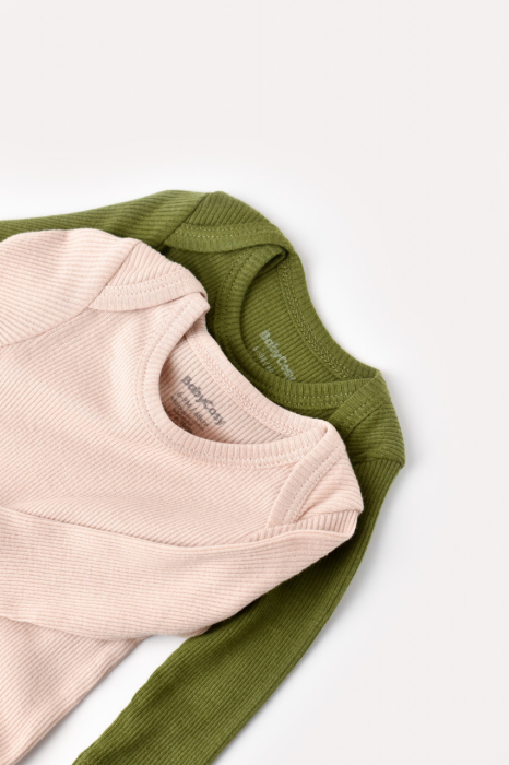Set 2 body-uri cu maneca lunga bebe unisex din bumbac organic si modal - Verde/Blush, BabyCosy [2]