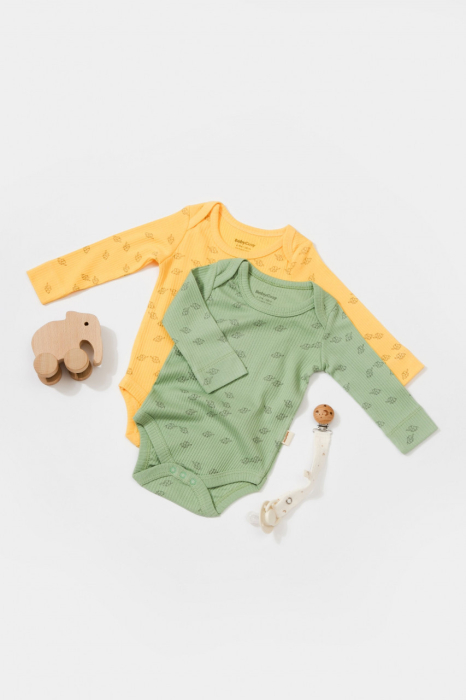 Set 2 body-uri cu maneca lunga Printed, BabyCosy, 50% modal+50% bumbac, Lamaie/Verde [3]