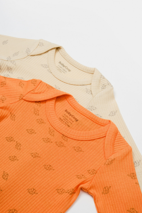 Set 2 body-uri cu maneca lunga Printed, BabyCosy, 50% modal+50% bumbac, Stone/Apricot [4]