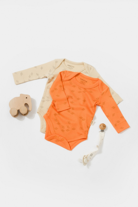 Set 2 body-uri cu maneca lunga Printed, BabyCosy, 50% modal+50% bumbac, Stone/Apricot [2]