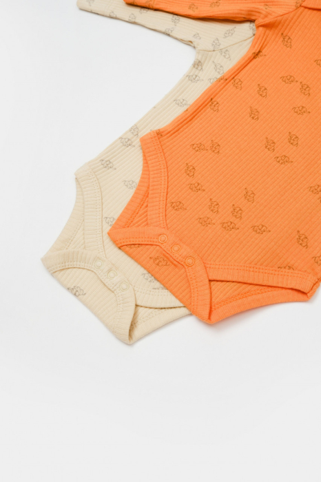 Set 2 body-uri cu maneca lunga Printed, BabyCosy, 50% modal+50% bumbac, Stone/Apricot [5]