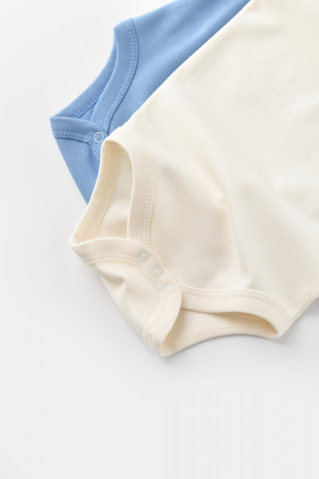 Set 2 body-uri fara maneci bebe unisex -100% bumbac organic - Ecru/Bleu, BabyCosy [4]