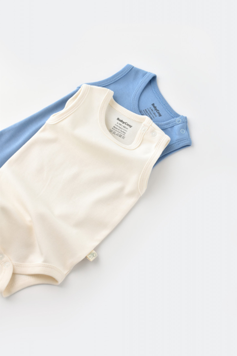 Set 2 body-uri fara maneci bebe unisex -100% bumbac organic - Ecru/Bleu, BabyCosy [2]