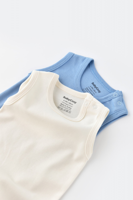 Set 2 body-uri fara maneci bebe unisex -100% bumbac organic - Ecru/Bleu, BabyCosy [3]