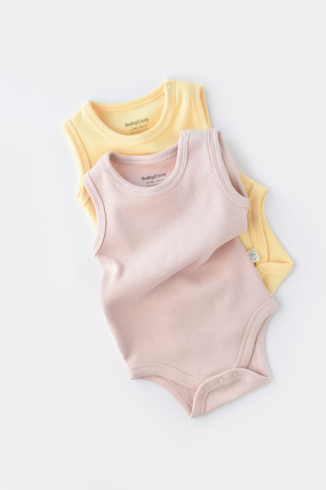 Set 2 body-uri fara maneci bebe unisex -100% bumbac organic - Galben/Roz, BabyCosy [3]