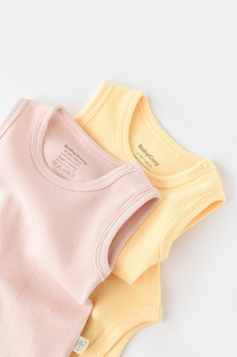 Set 2 body-uri fara maneci bebe unisex -100% bumbac organic - Galben/Roz, BabyCosy [2]