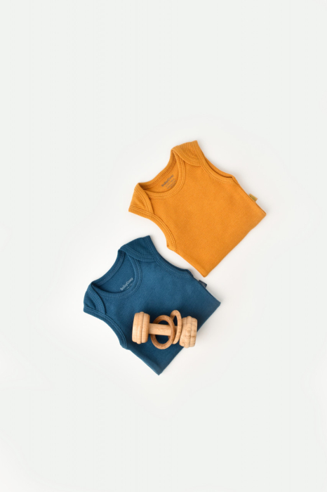Set 2 body-uri fara maneci bebe unisex din bumbac organic si modal - Bleumarin/Sofran, BabyCosy [2]
