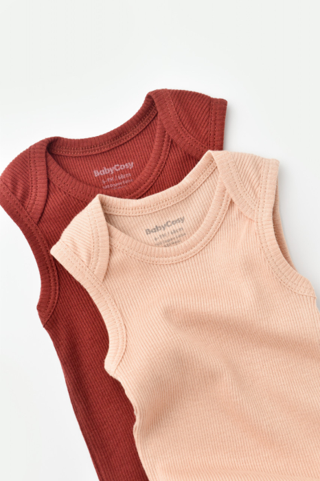 Set 2 body-uri fara maneci bebe unisex din bumbac organic si modal - Caramiziu/Somon, BabyCosy [2]