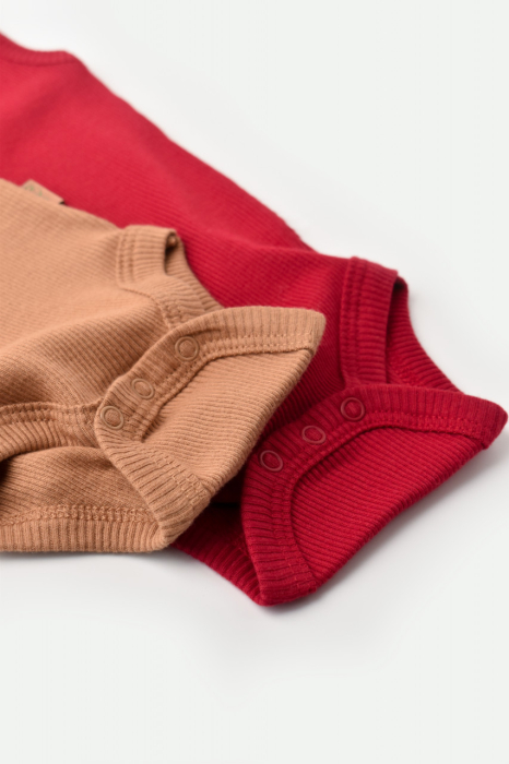 Set 2 body-uri fara maneci bebe unisex din bumbac organic si modal - Maro/Rosu, BabyCosy [5]
