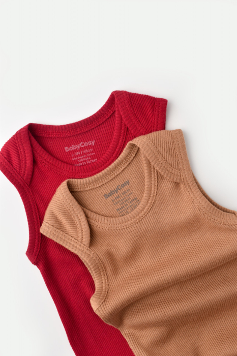 Set 2 body-uri fara maneci bebe unisex din bumbac organic si modal - Maro/Rosu, BabyCosy [3]
