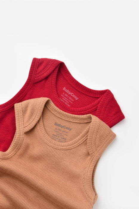 Set 2 body-uri fara maneci bebe unisex din bumbac organic si modal - Maro/Rosu, BabyCosy [2]