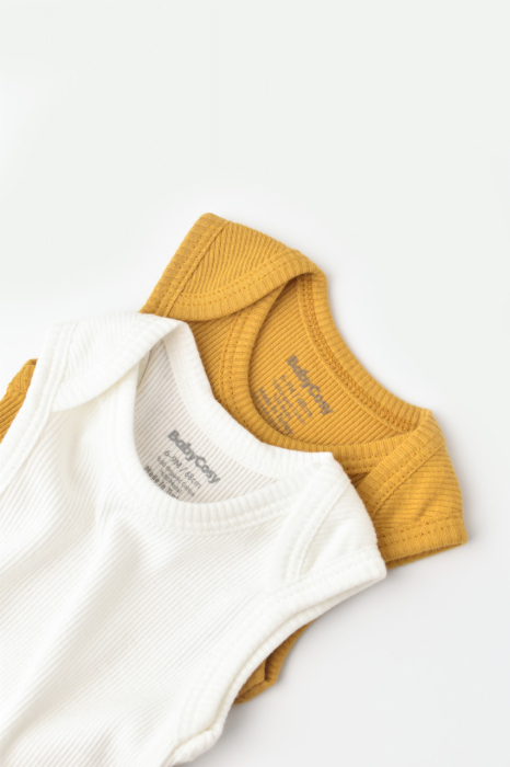 Set 2 body-uri fara maneci bebe unisex din bumbac organic si modal - Mustar/Ecru, BabyCosy [2]