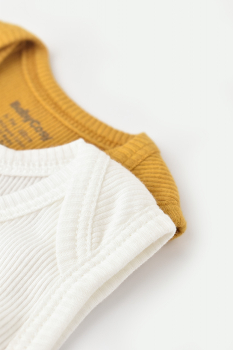 Set 2 body-uri fara maneci bebe unisex din bumbac organic si modal - Mustar/Ecru, BabyCosy [3]