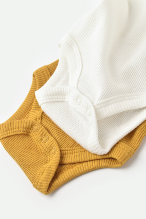 Set 2 body-uri fara maneci bebe unisex din bumbac organic si modal - Mustar/Ecru, BabyCosy [5]