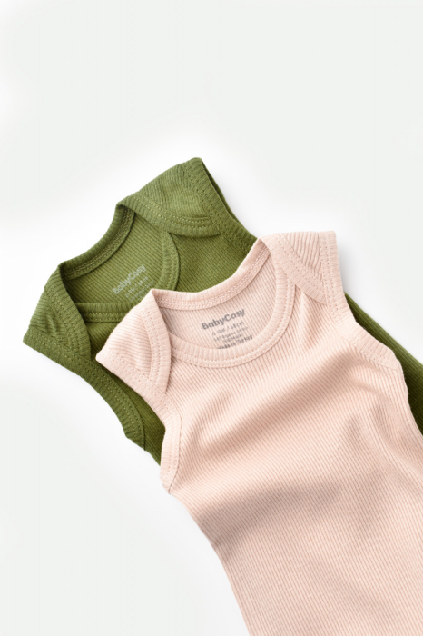 Set 2 body-uri fara maneci bebe unisex din bumbac organic si modal - Verde/Blush, BabyCosy [2]