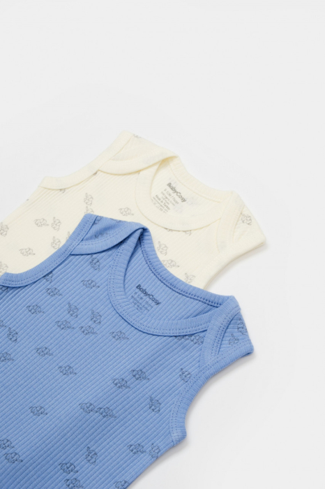 Set 2 body-uri fara maneci Printed, BabyCosy, 50% modal+50% bumbac, Ecru/Lavanda [4]
